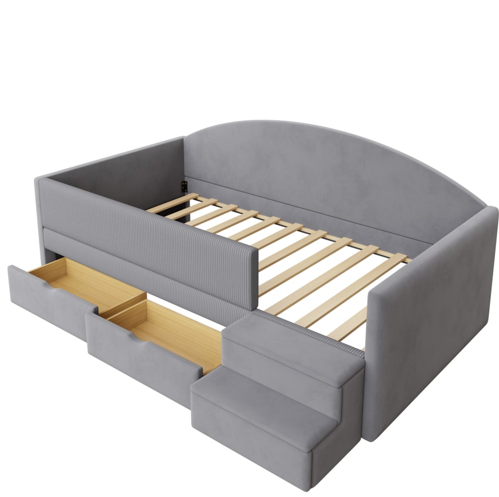 Lit enfant en velours polyester gris clair avec 2 tiroirs 90x190 cm
