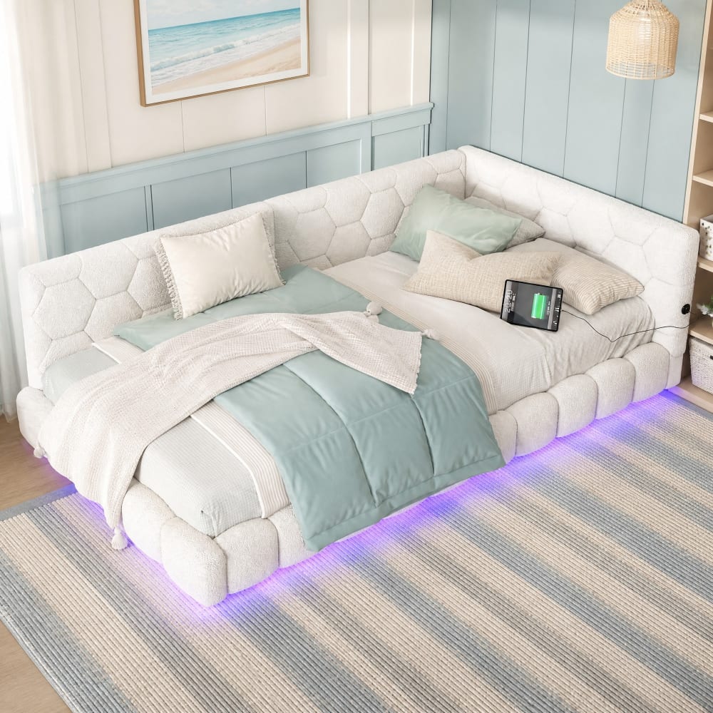 Tagesbett aus Samt weiß mit LED und USB-C 90x200 cm - Maisons Du