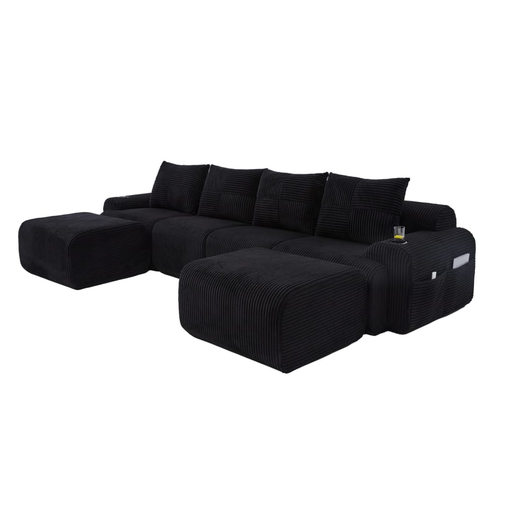 Canapé modulable 4places en velours polyester côtelé noir avec 2 poufs