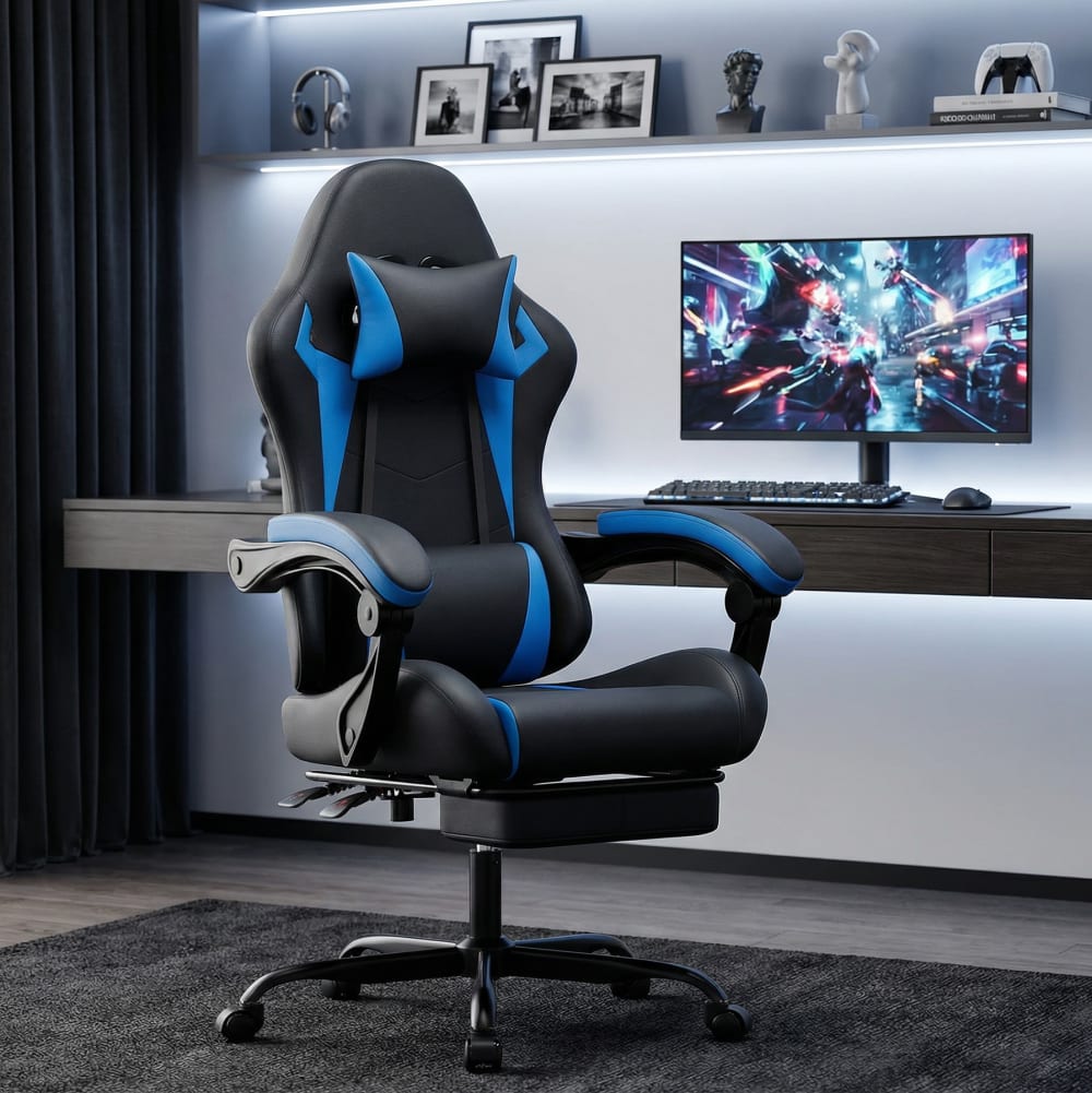 Ergonomischer Gaming Stuhl mit Fußstütze, Schwarz Blau - Maisons