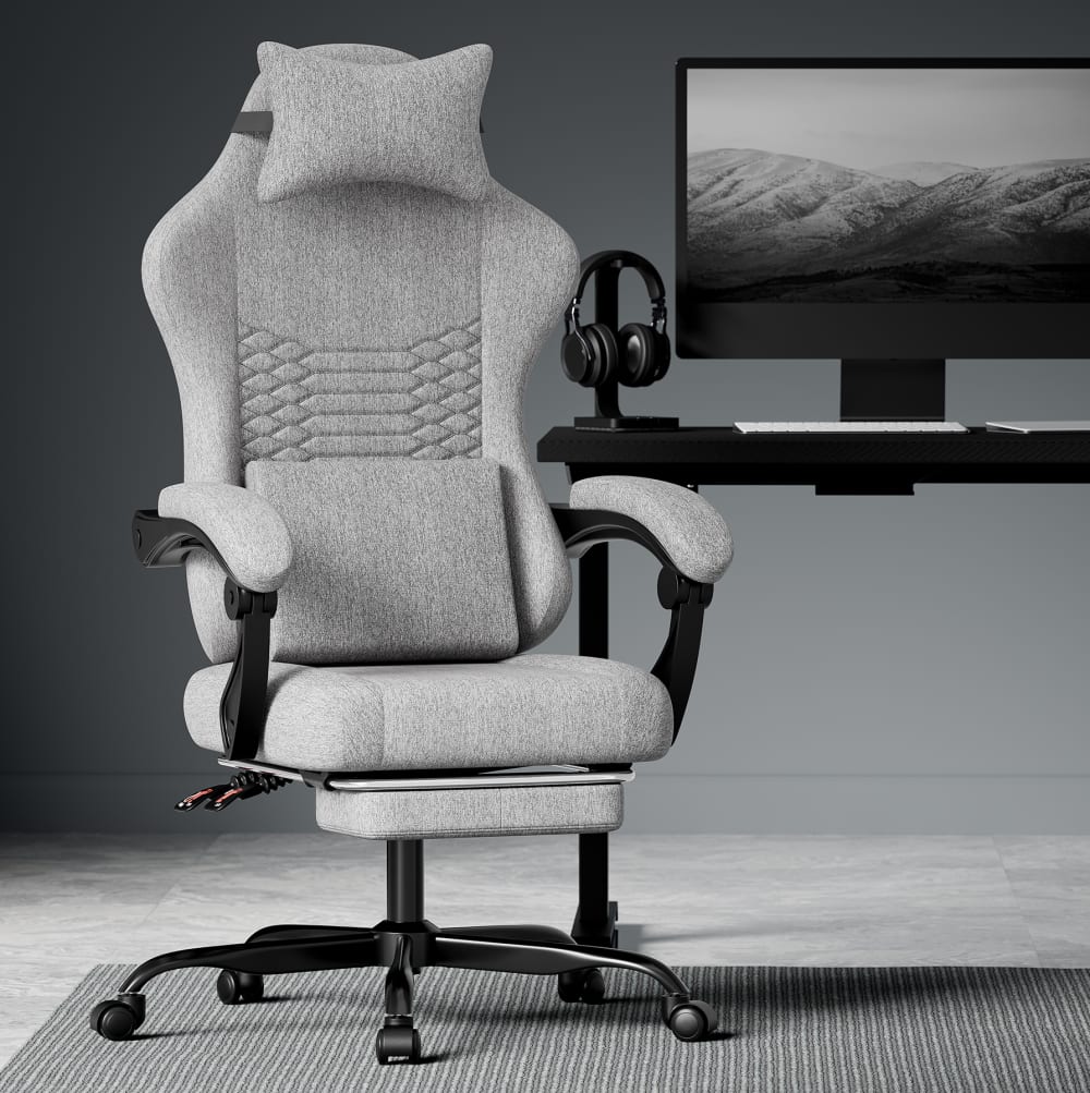 Gaming Stuhl Stoff, ergonomisch, Fußstütze, Hellgrau - Maisons Du