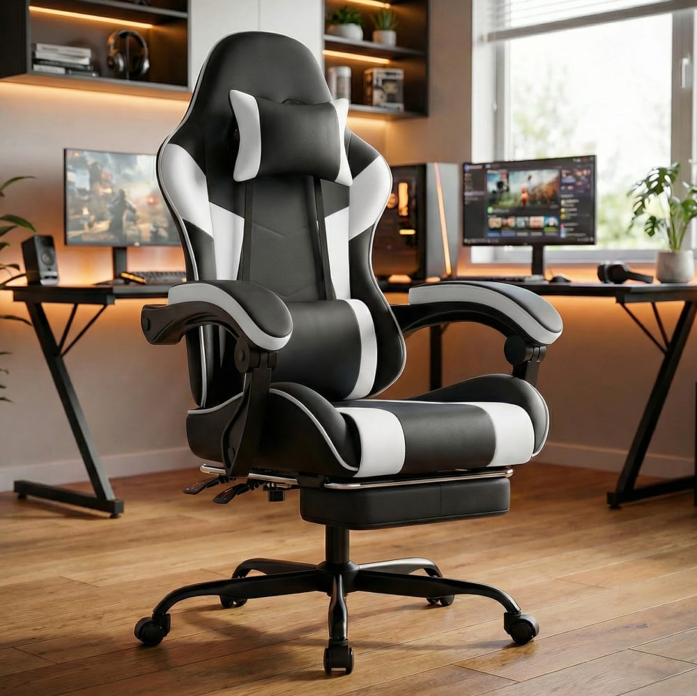 Gamingstuhl ergonomisch mit Lordosenstütze, verstellbar, Schwarz