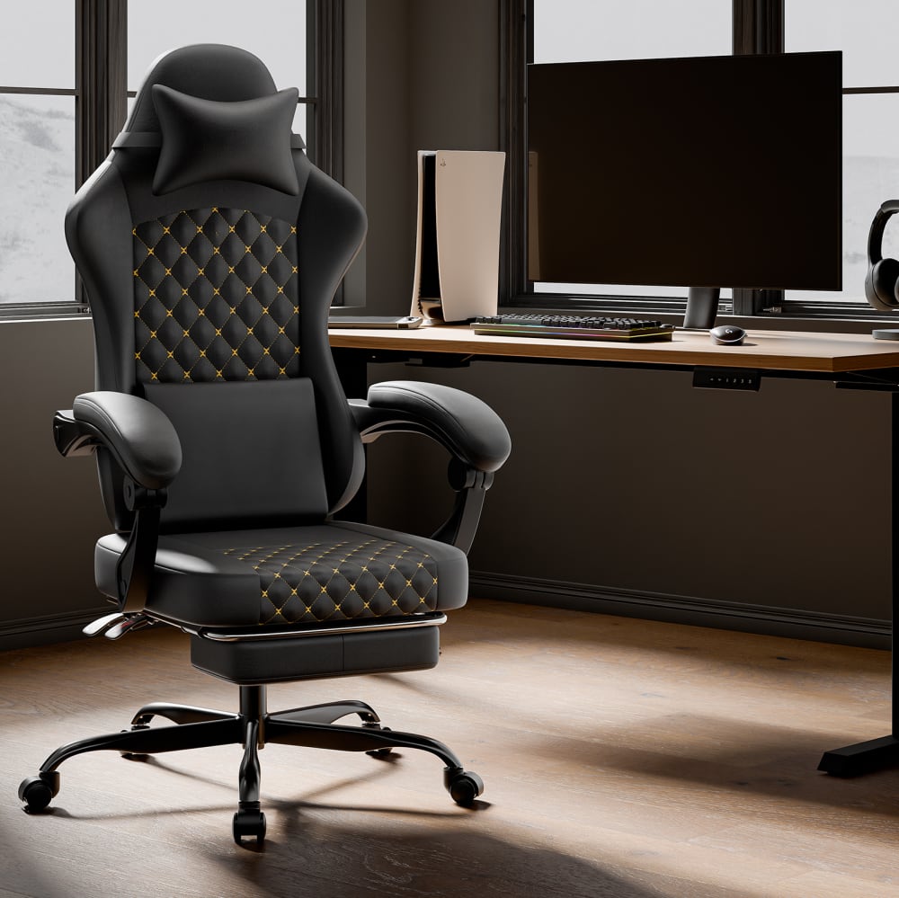 Gamingstuhl aus Leder mit Fußstütze, ergonomisch, schwarz -
