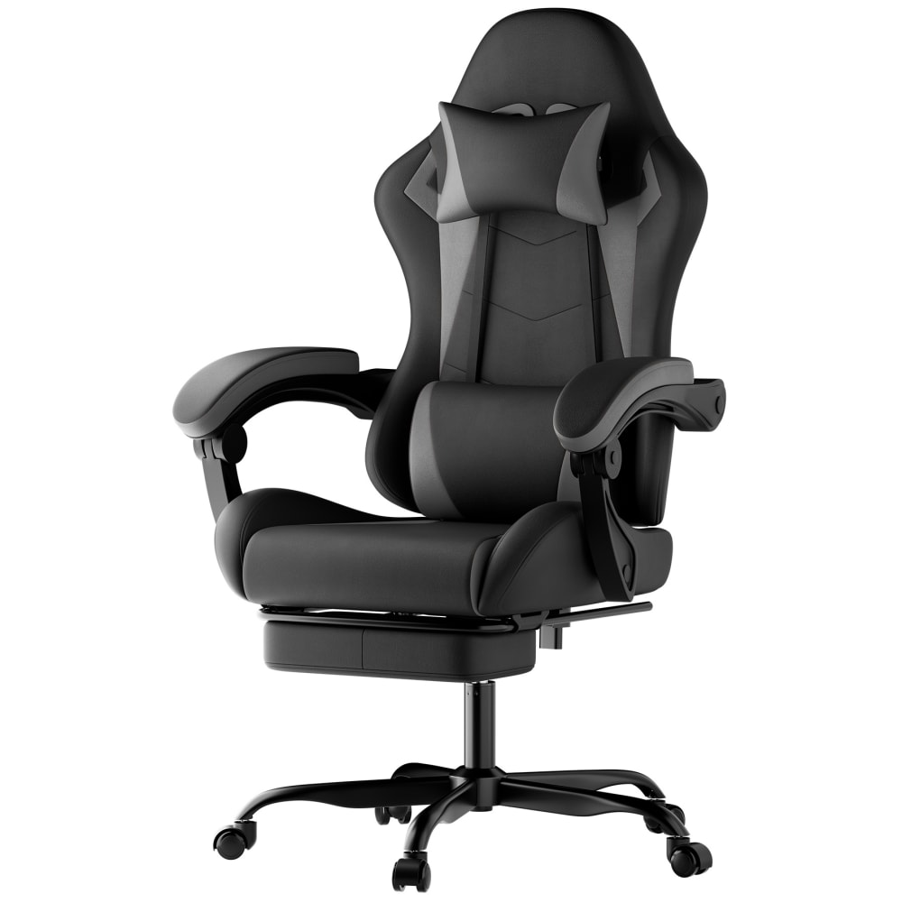 MODFU Ergonomischer Gaming Stuhl mit Kopfstütze, Lendenkissen, Schwarzgrau style modern Schwarz Pvc - Polyvinlychlorid