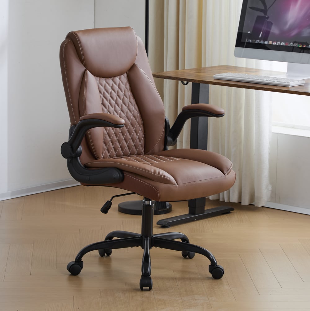 Ergonomischer Bürostuhl mit Lendenstütze, Leder, Braun - Maisons
