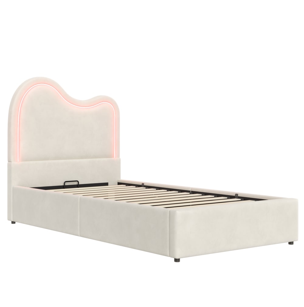 Lit cofffre enfant 90 x 200 cm avec rangement et led, velours beige