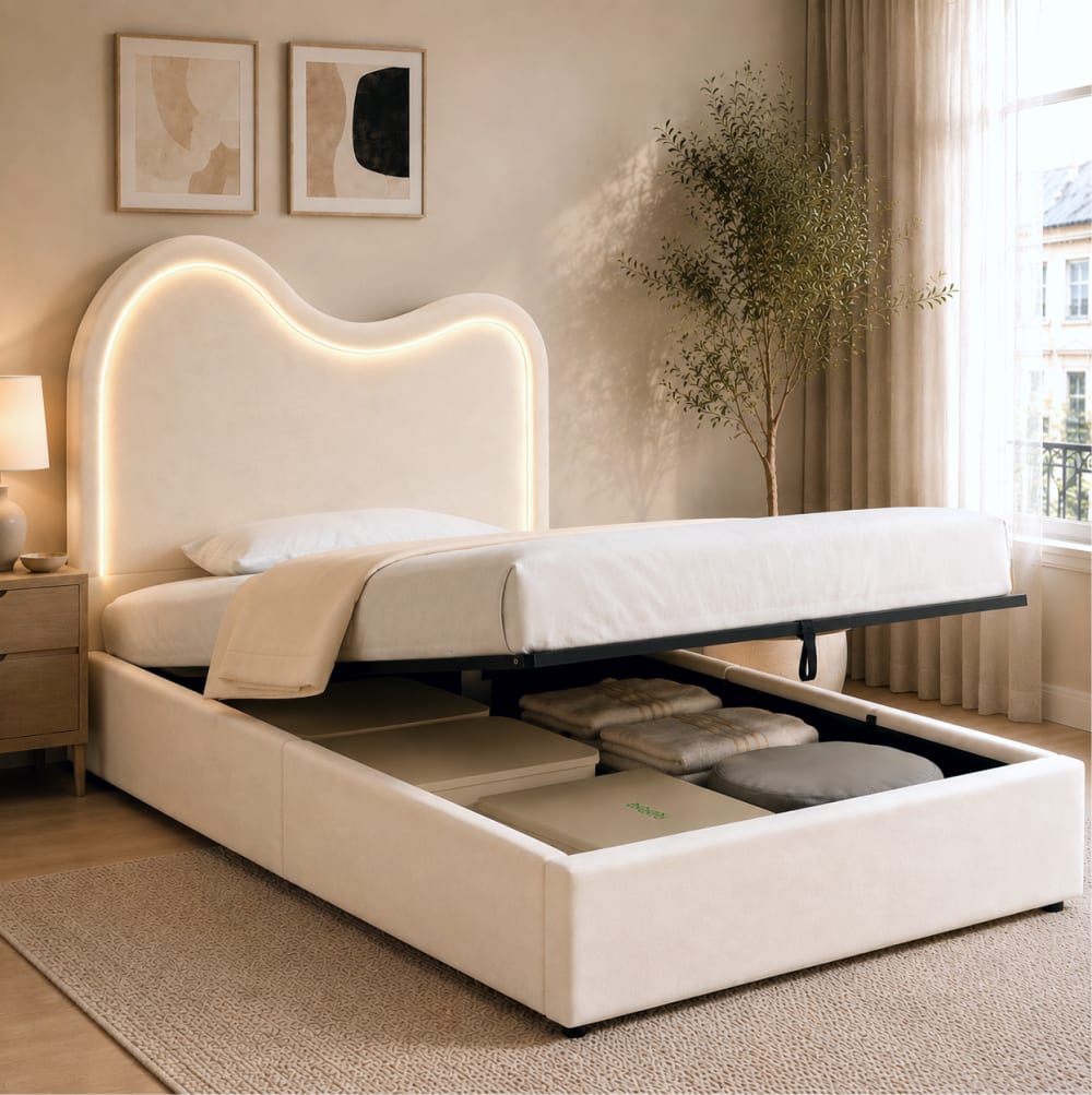 Polsterbett mit Stauraum und LED 90 x 200 cm, Beige - Maisons Du