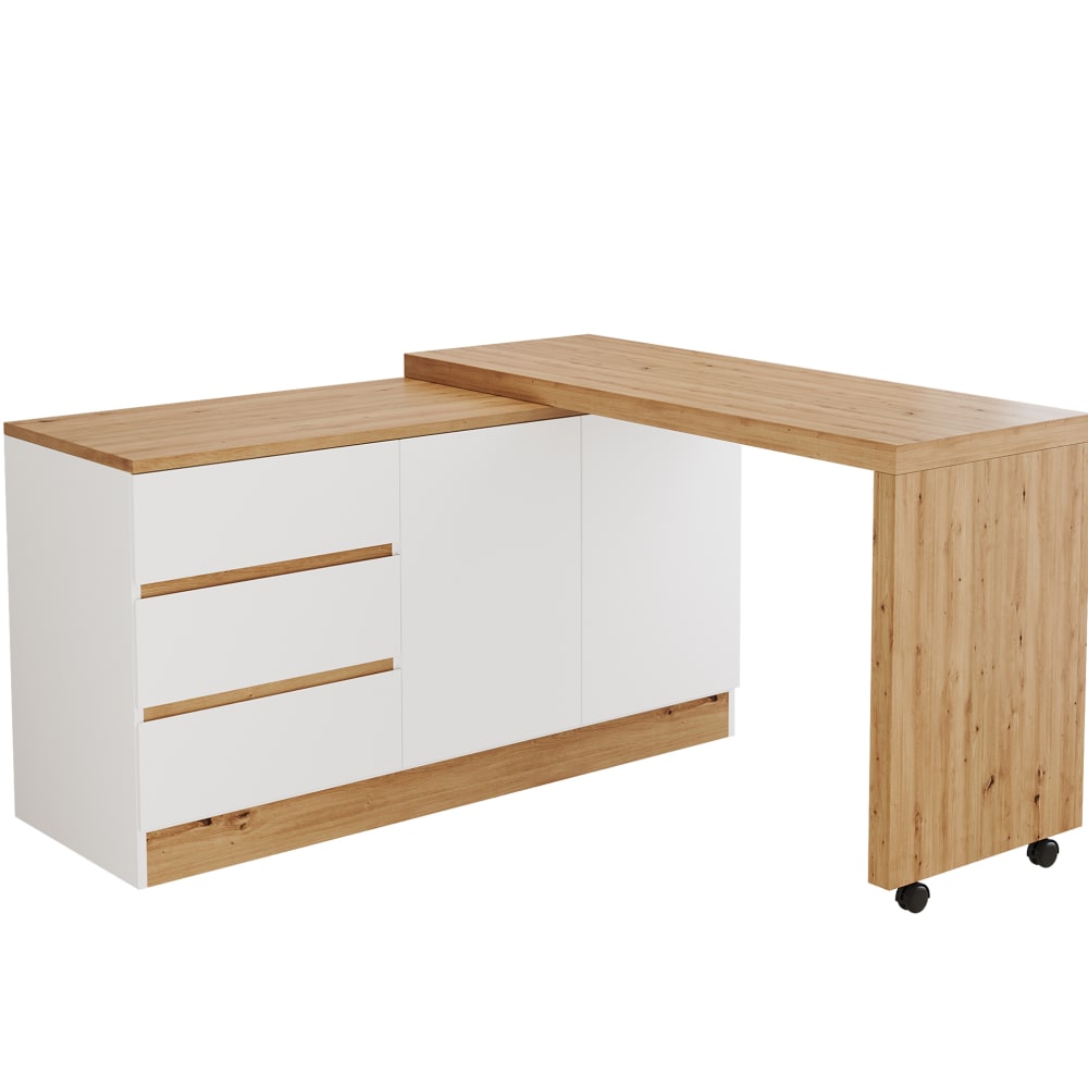 Bureau d'angle 120x50x78 cm avec roulettes et 3 tiroirs blanc/chêne