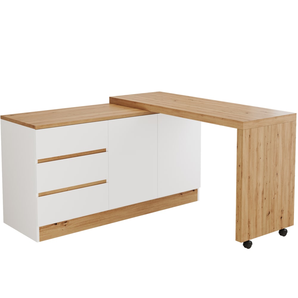 Bureau d'angle 120x50x78 cm avec roulettes et 3 tiroirs blanc/chêne