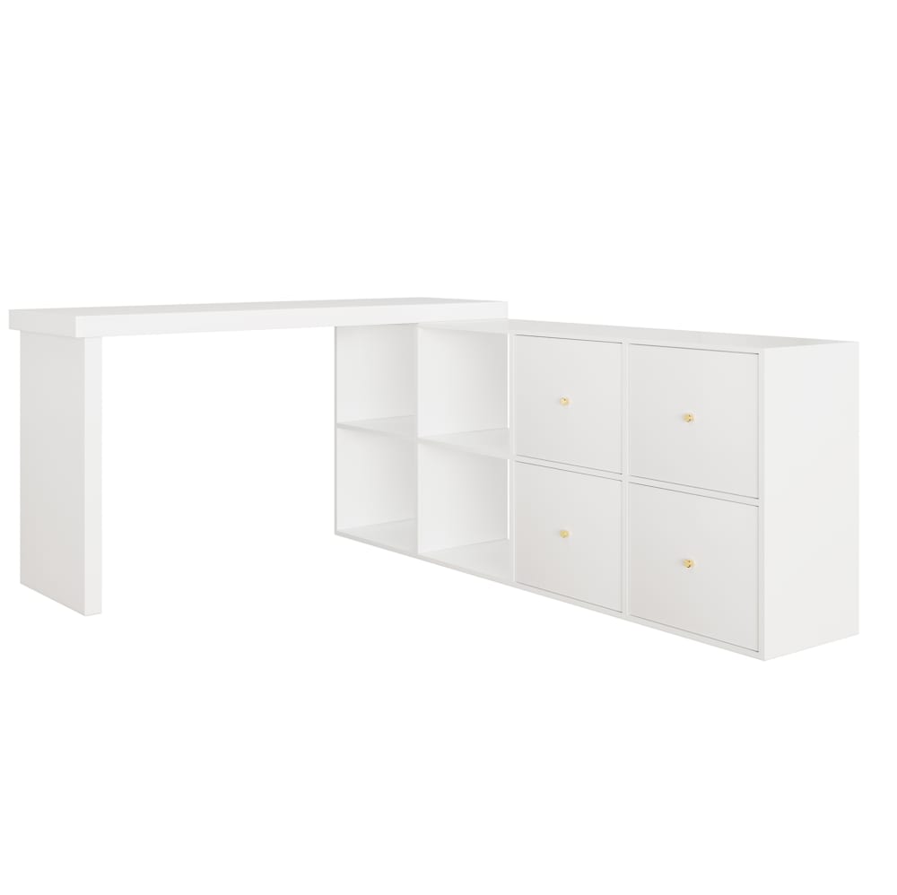 Bureau pivotant en l à 360°, 4 tiroirs, 120×48×78 cm, blanc
