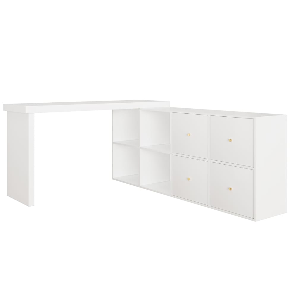 Bureau pivotant en l à 360°, 4 tiroirs, 120×48×78 cm, blanc