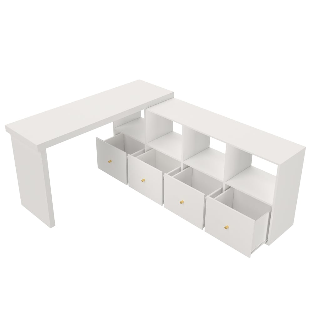 Bureau d'angle 140x120x78 cm avec 4 niche ouverts et 4 tiroirs, blanc