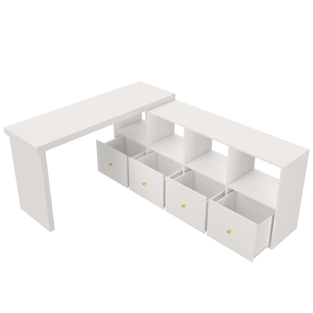 Bureau d'angle 140x120x78 cm avec 4 niche ouverts et 4 tiroirs, blanc