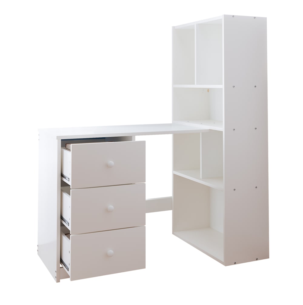 Bureau d'angle avec étagère 117x63x135  cm, 3 tiroirs, blanc