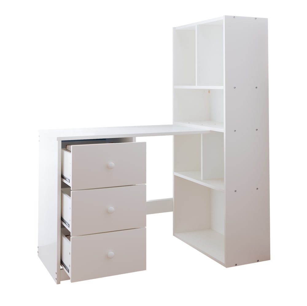 Bureau d'angle avec étagère 117x63x135  cm, 3 tiroirs, blanc