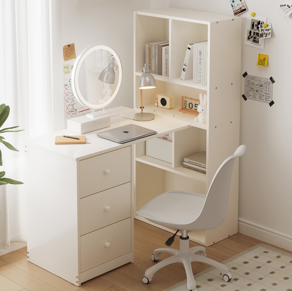 Eckschreibtisch mit Bücherregal, 3 Schubladen, 117x63x135 cm.