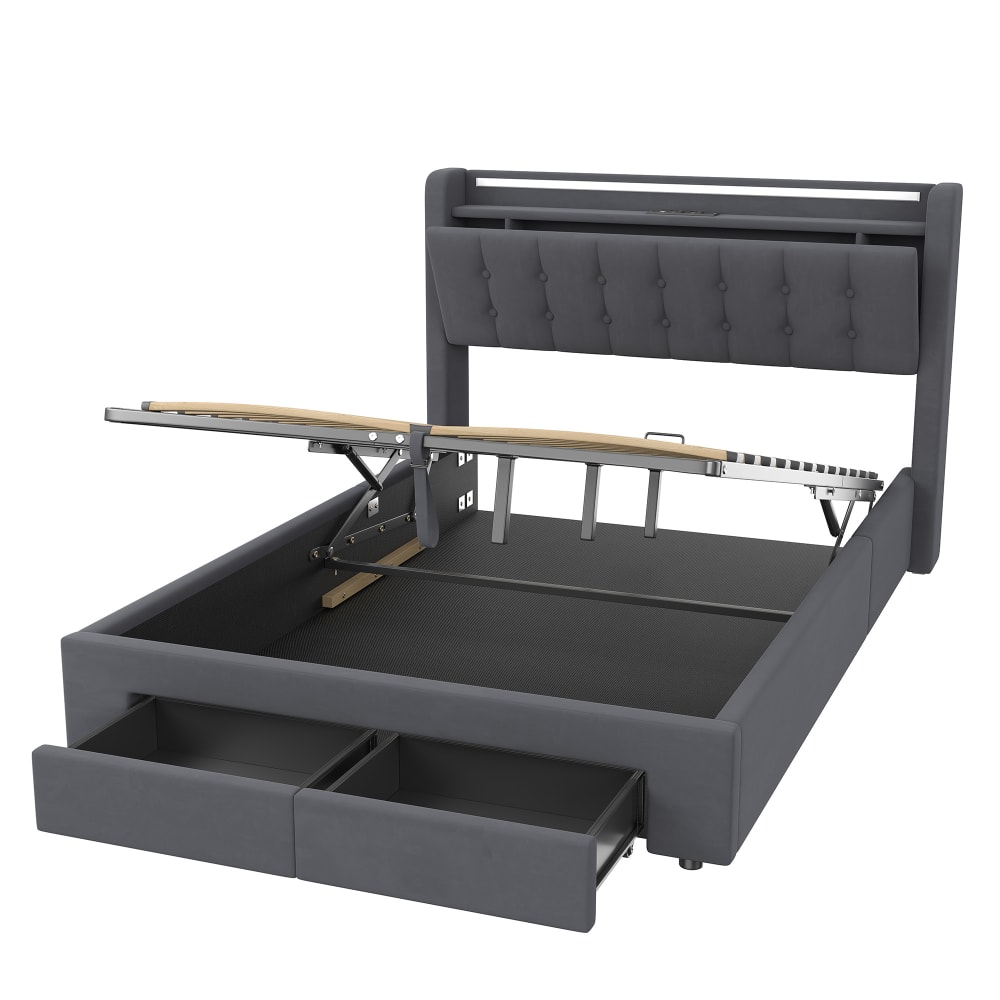 Lit coffre adulte 140x190 cm avec 2 tiroirs, velours gris foncé