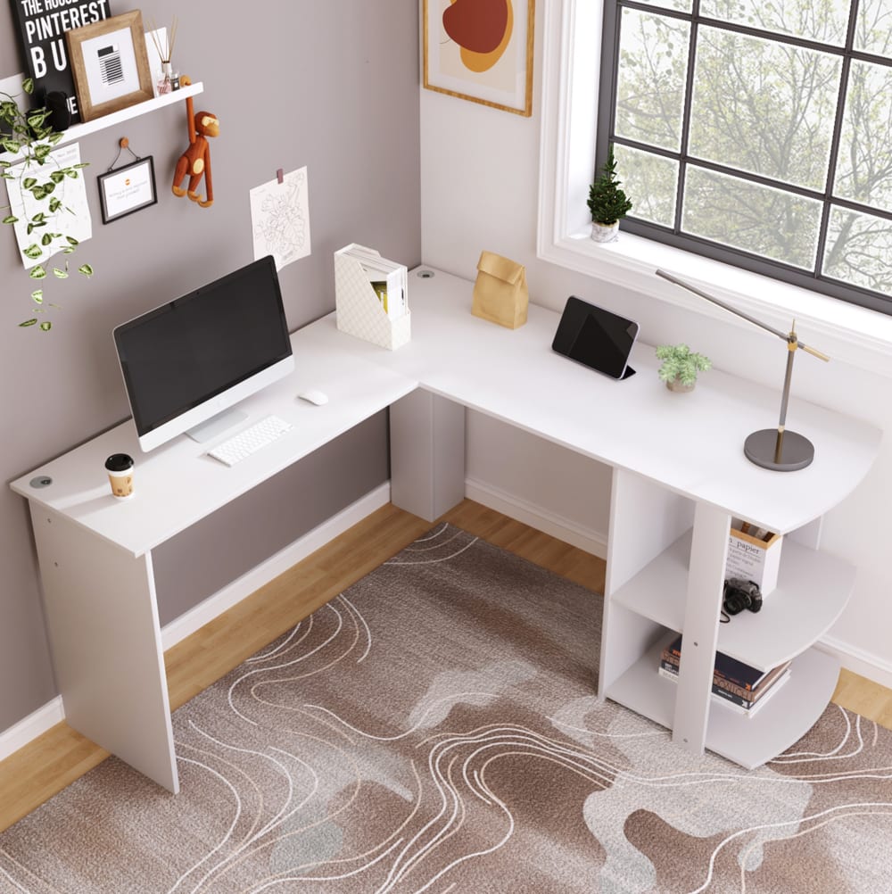 Eckschreibtisch  mit 2 Ablagen für Zimmer, 140x140 cm, Weiß -