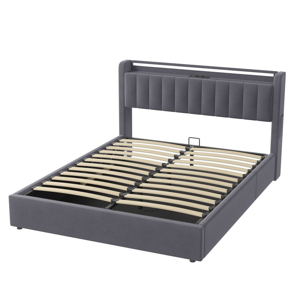 Lit coffre adulte 160x200 cm avec led, usb, en velours gris foncé