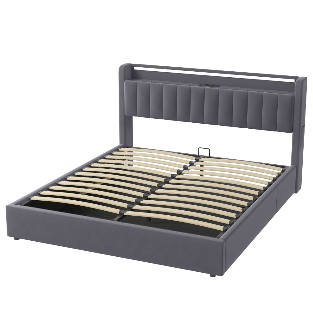 Lit adulte double 180x200 cm avec rangement, velours gris foncé