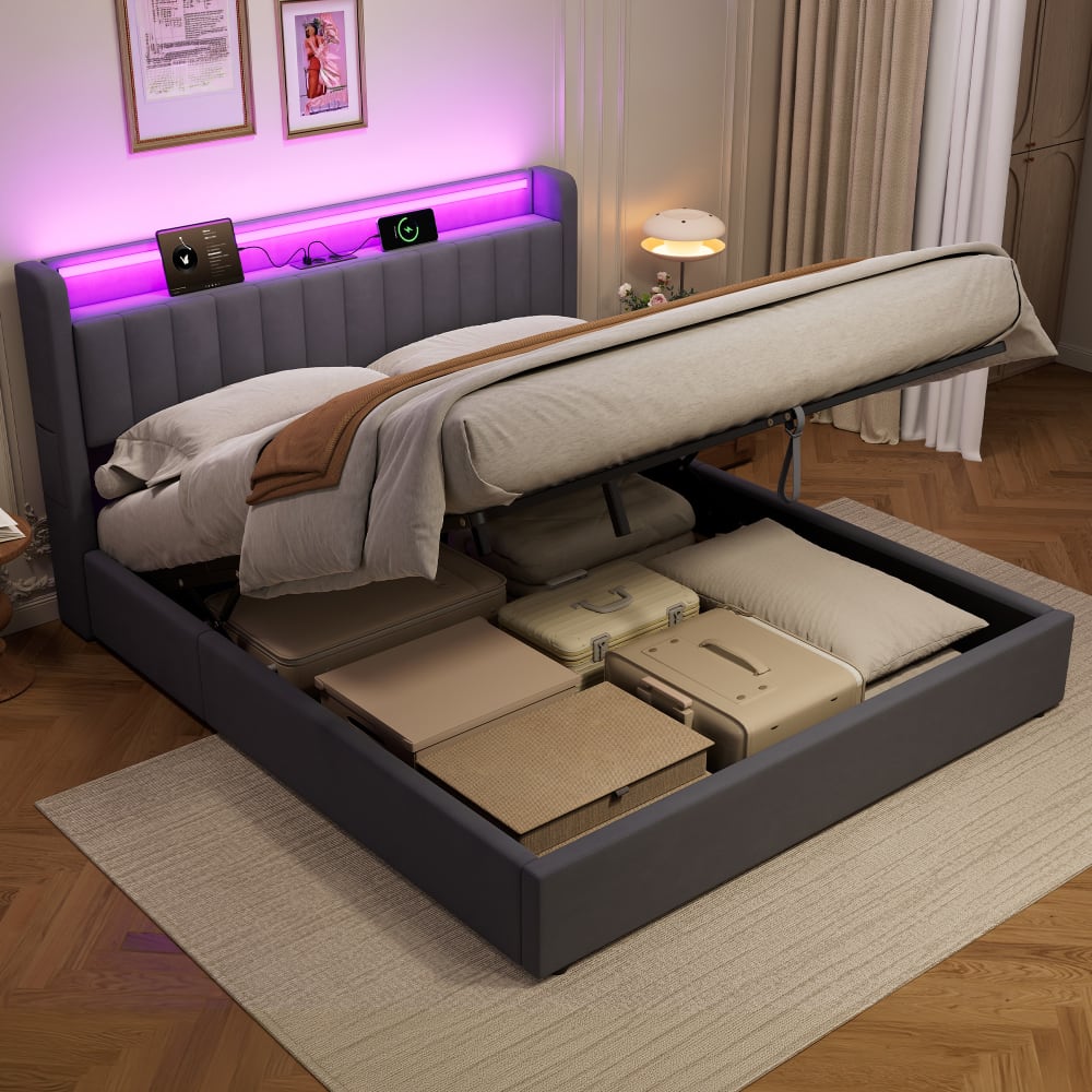 Lit adulte double 180x200 cm avec rangement, velours gris foncé