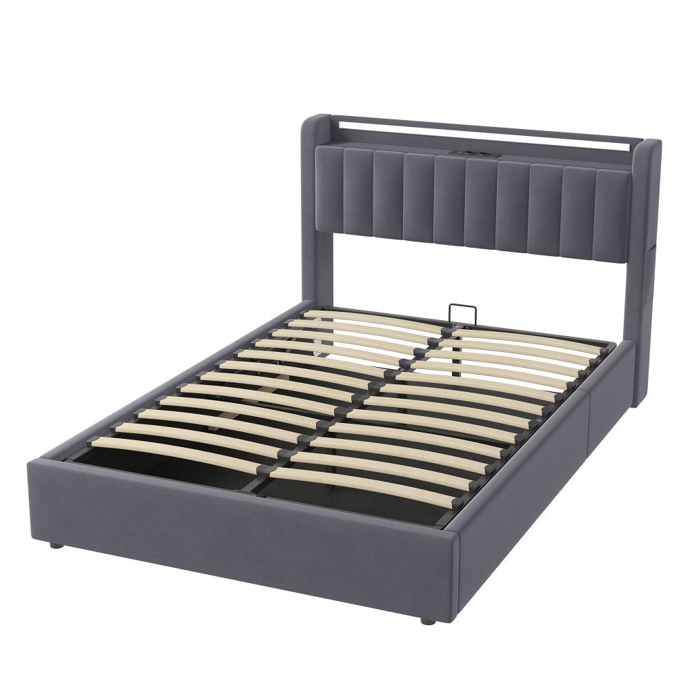 Lit adulte 140x190 cm avec coffre de rangement, velours gris foncé