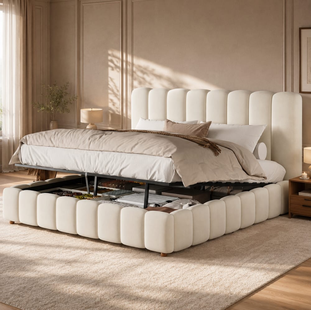 MODFU Polsterbett mit Lattenrost, Stauraum, Samt, 180x200 cm, Beige Beige Samt