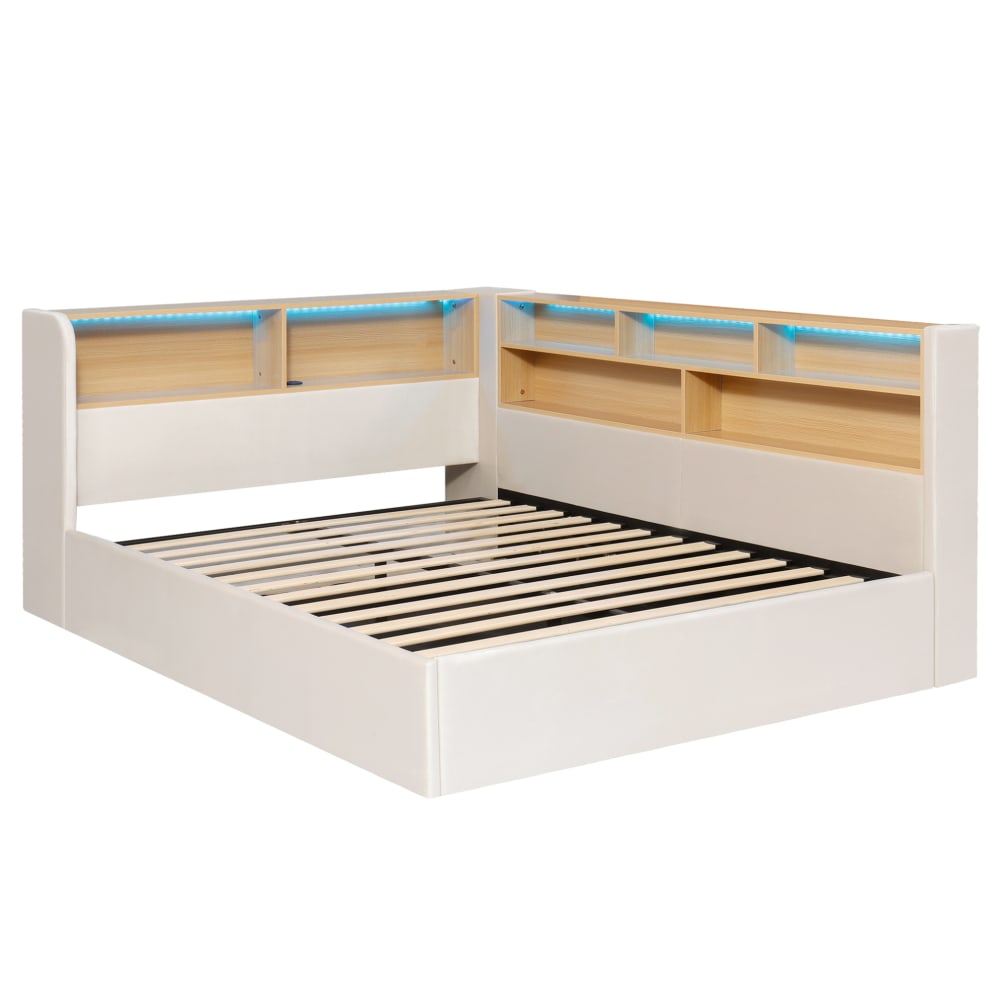 Lit coffre 140x200 cm avec rangement, led et usb, beige