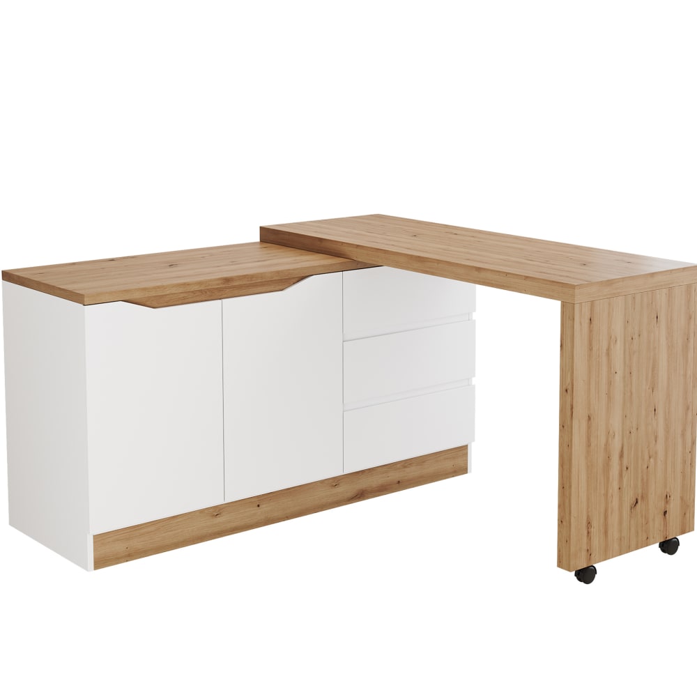 Bureau d'angle 120x50x78 cm, 2 portes et 3 tiroirs, blanc/chêne