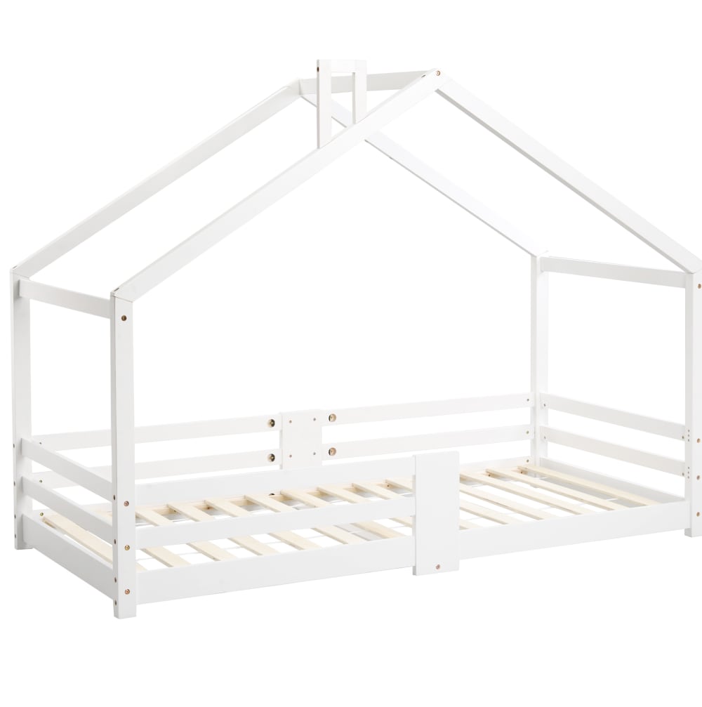 Lit cabane enfant 90x200 cm avec barrière de sécurité, pin, blanc