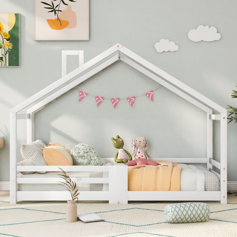 Hausbett Kinder mit Rausfallschutz, Kiefer, 90x200 cm, Weiß -