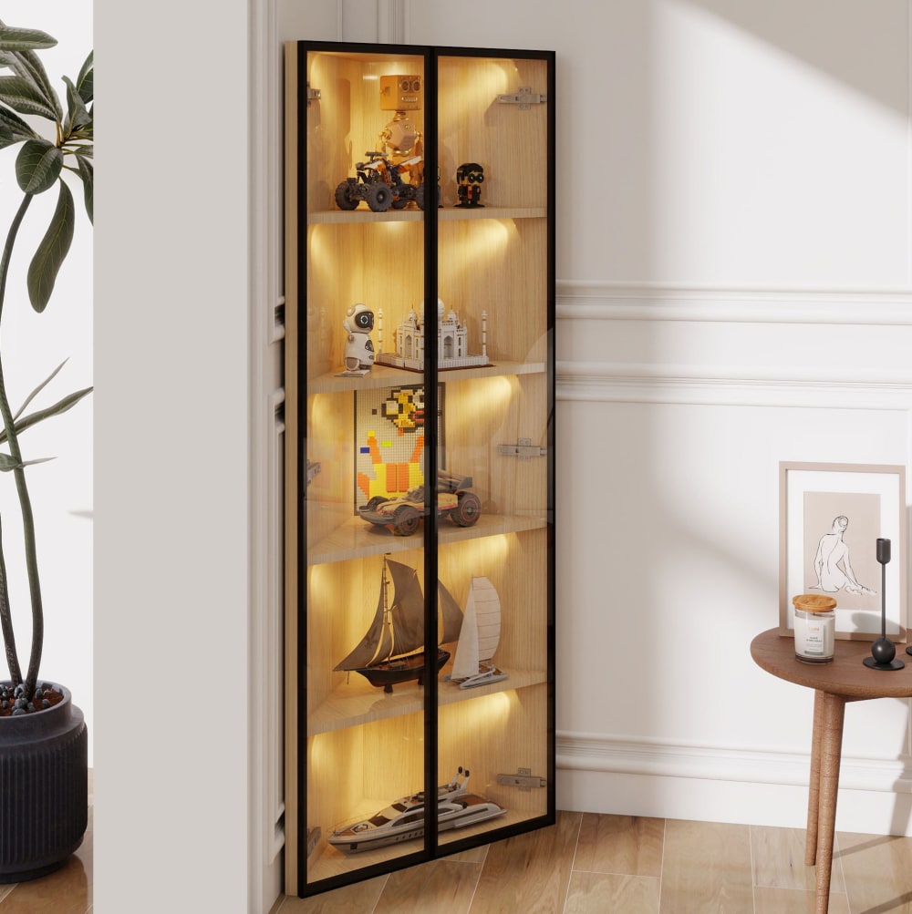 MODFU LED-Eckvitrine, Glas, MDF in Eichenoptik, 160 cm, Schwarz Braun Spanplatte