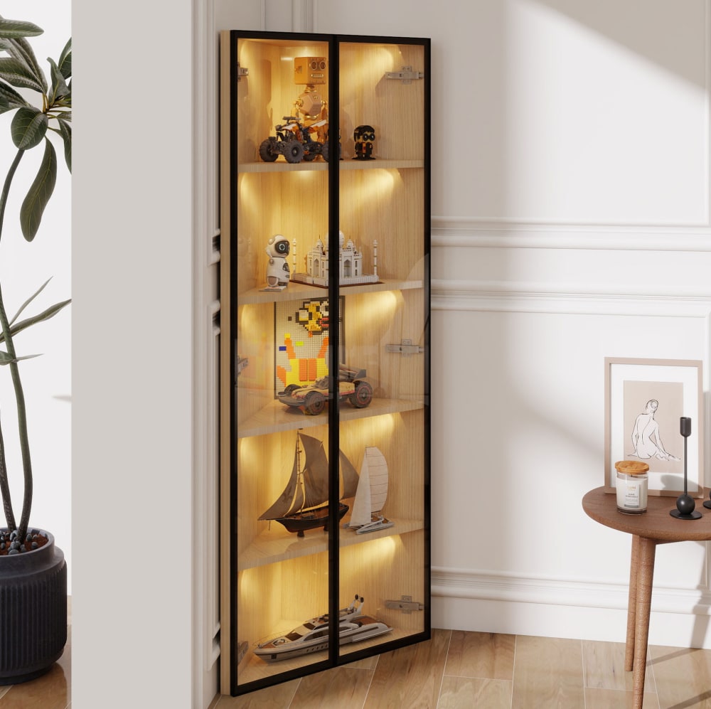 Vitrine d'angle led 160 cm, verre, mdf effet chêne, noir