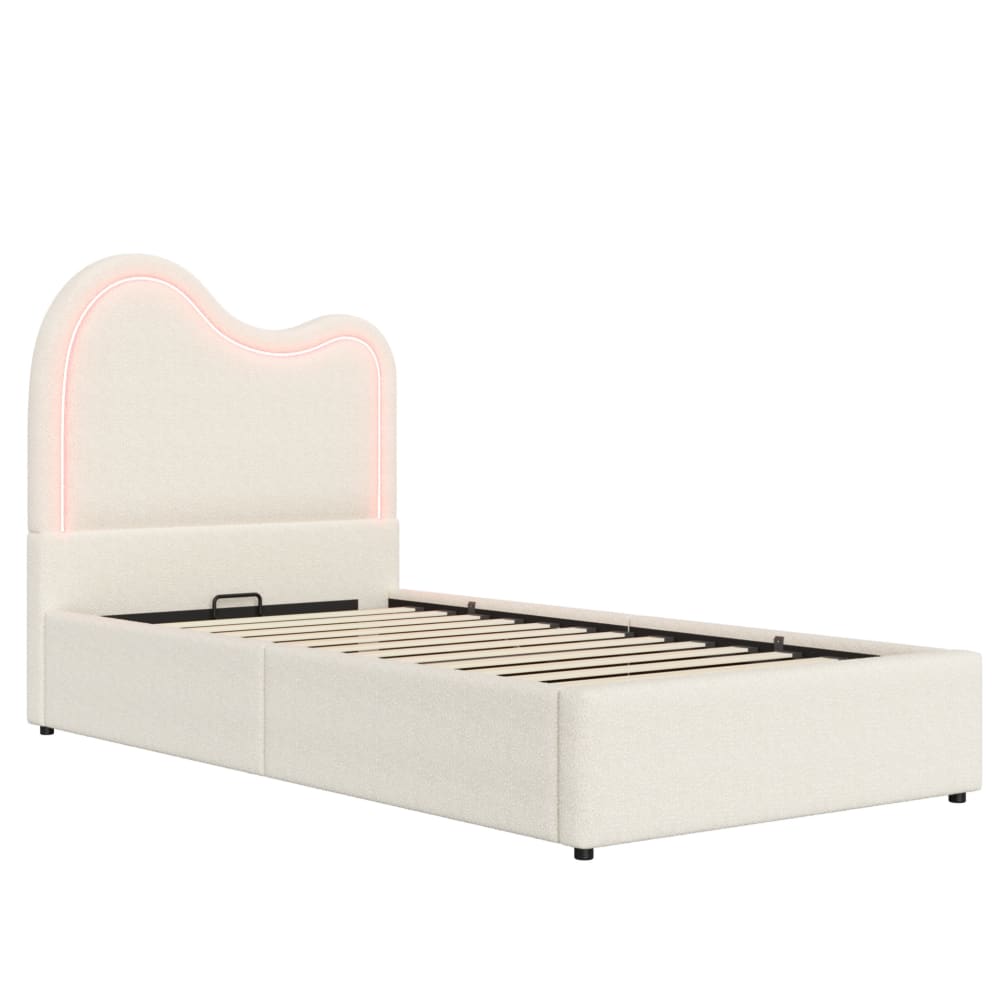 Lit cofffre enfant 90x200 avec sommier à lattes, tissu bouclé, blanc
