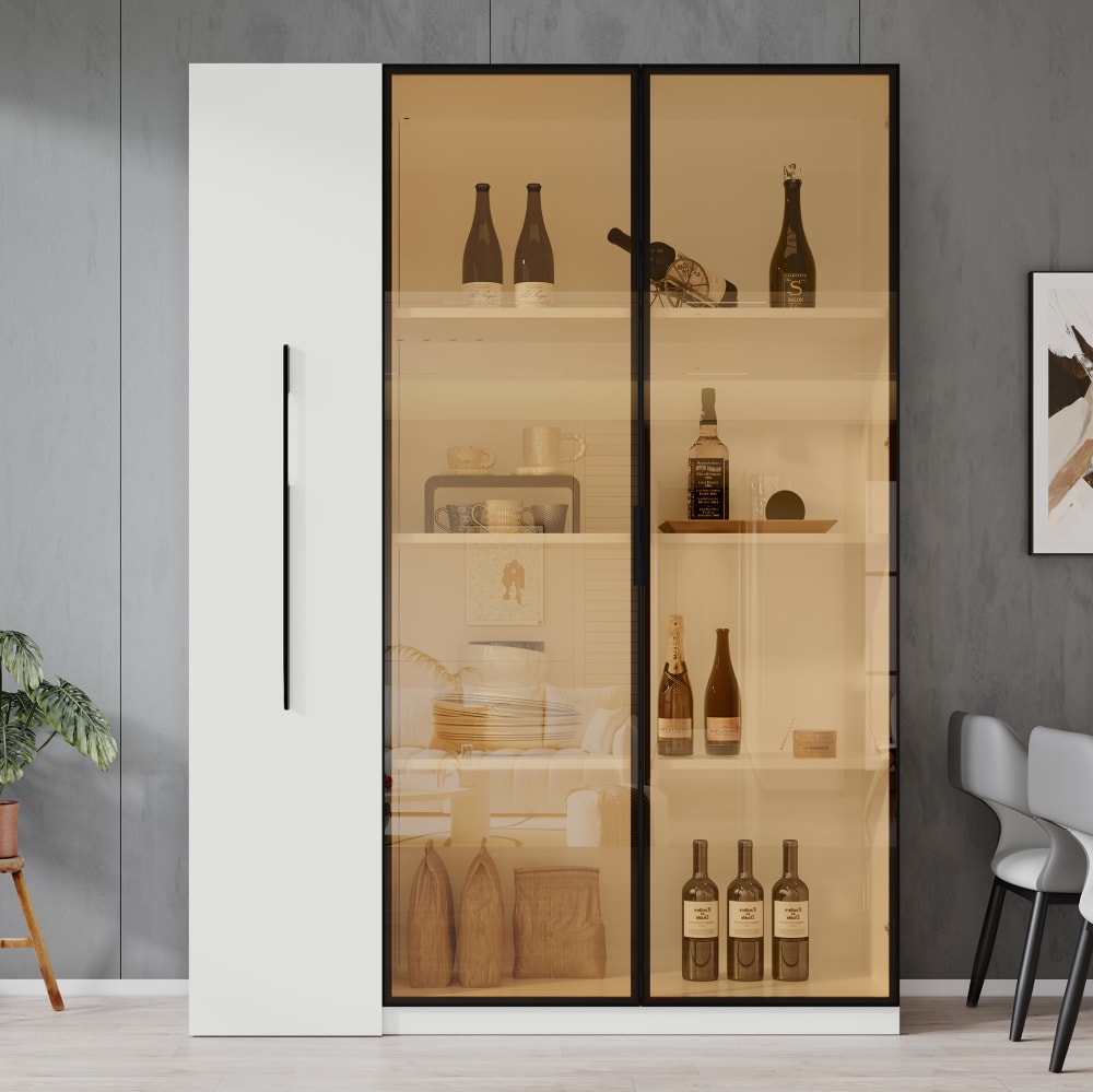 MODFU LED-Vitrine mit Seitenauszug, 110,5x35x160 cm, Weiß Weiß Spanplatte