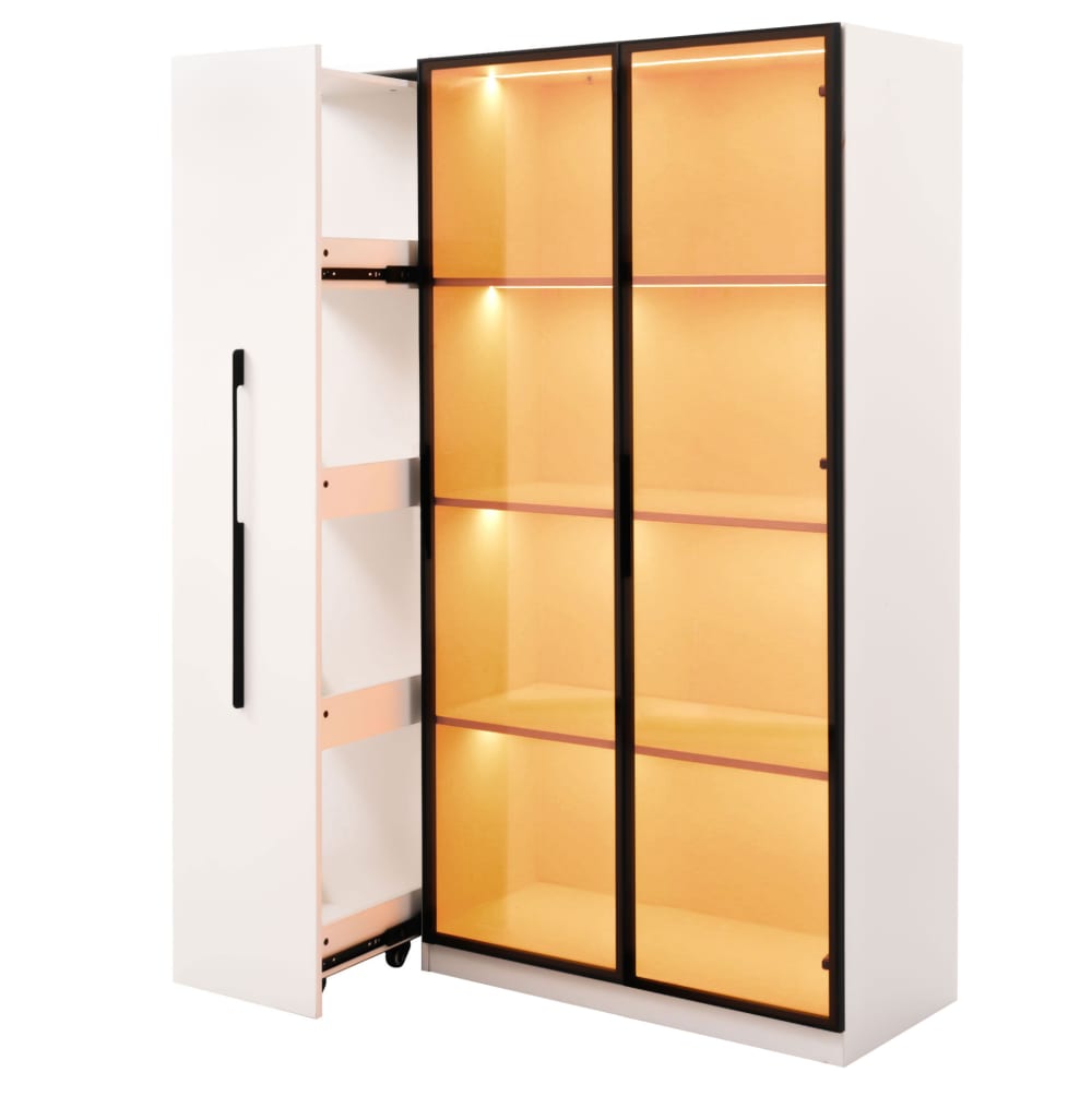 Vitrine 110,5x35x160 cm, porte en verre et rangement latéral, blanc