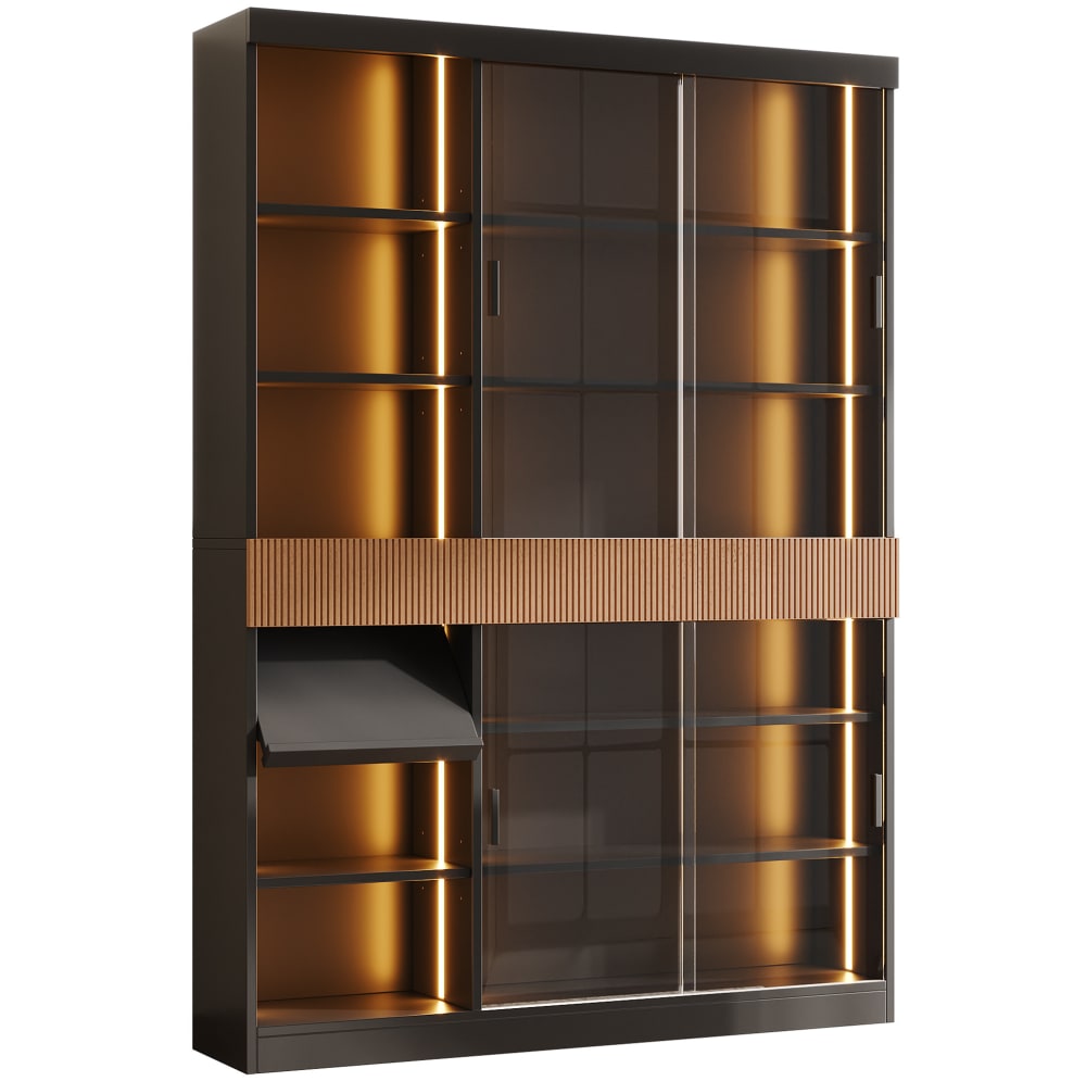 Vitrine avec  led, 3 tiroirs et étagère, 120x28.5x180 cm, noir/marron