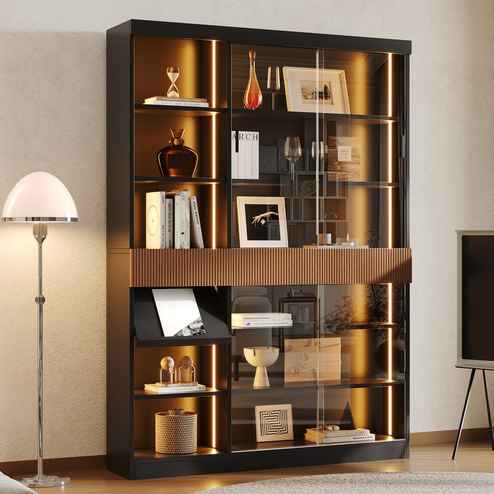 MODFU Vitrine mit LED, 3 Schubladen, Klappablage, 120 cm, Schwarzbraun style modern Schwarz Spanplatte