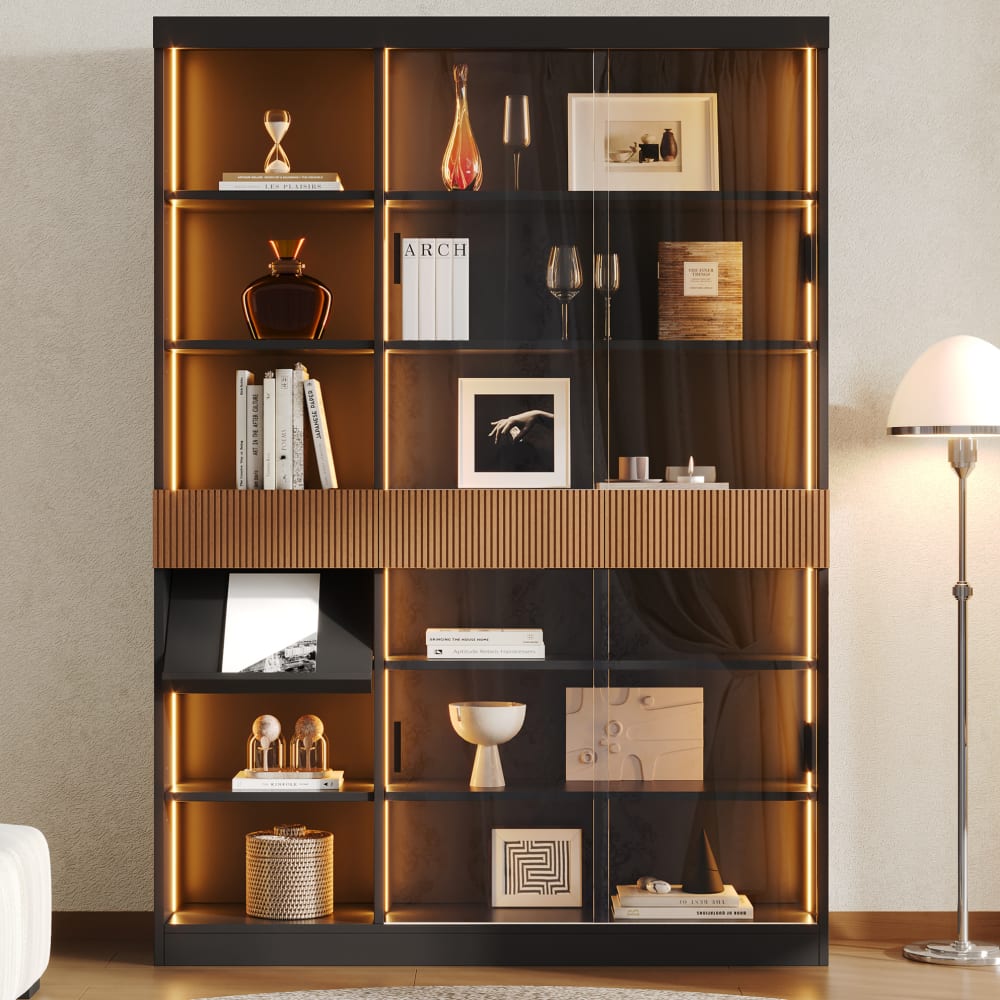 Vitrine avec  led, 3 tiroirs et étagère, 120x28.5x180 cm, noir/marron
