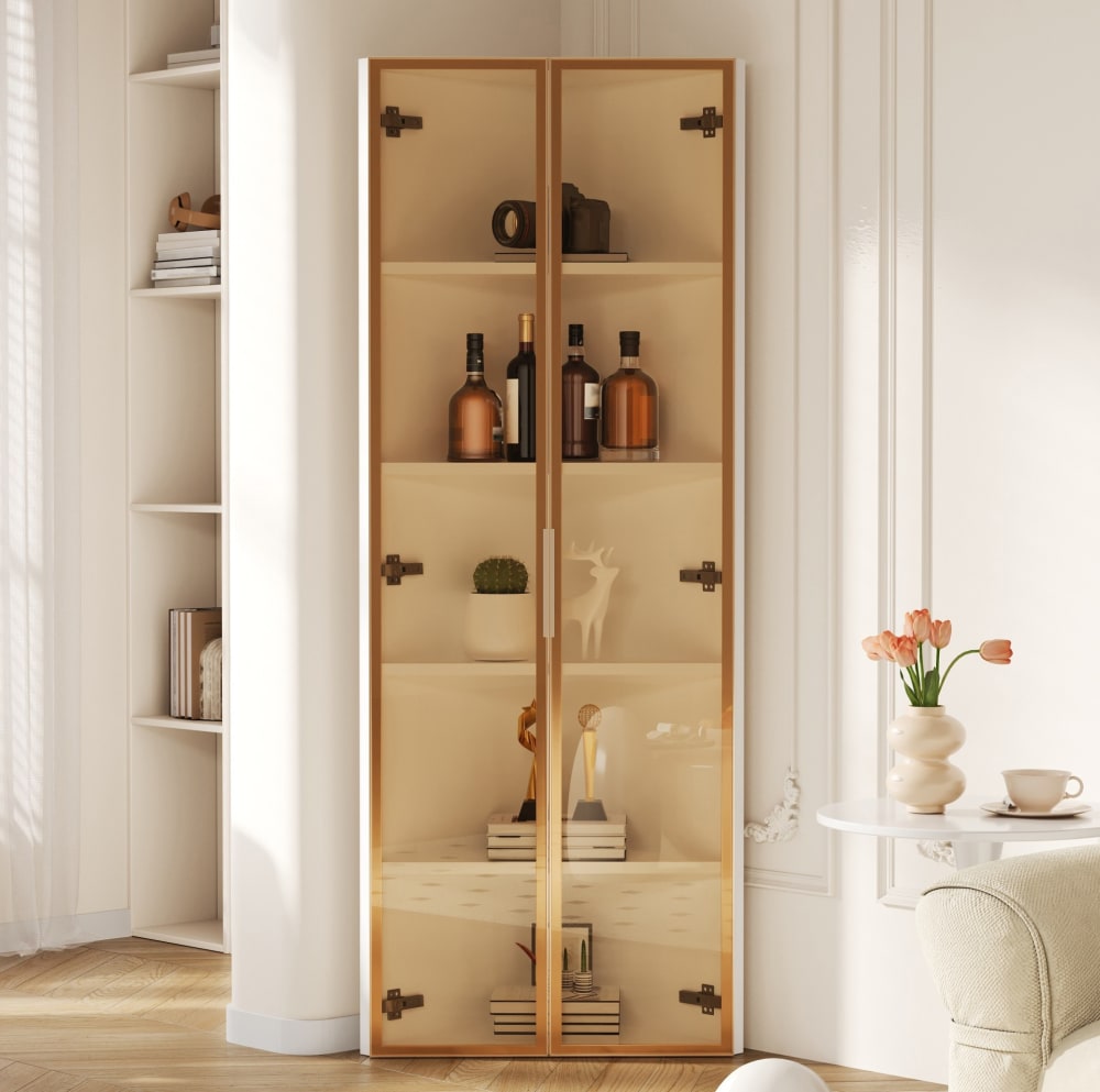 MODFU LED-Eckvitrine mit Sicherheitsglas 62x35x160 cm, Weiß Weiß Spanplatte