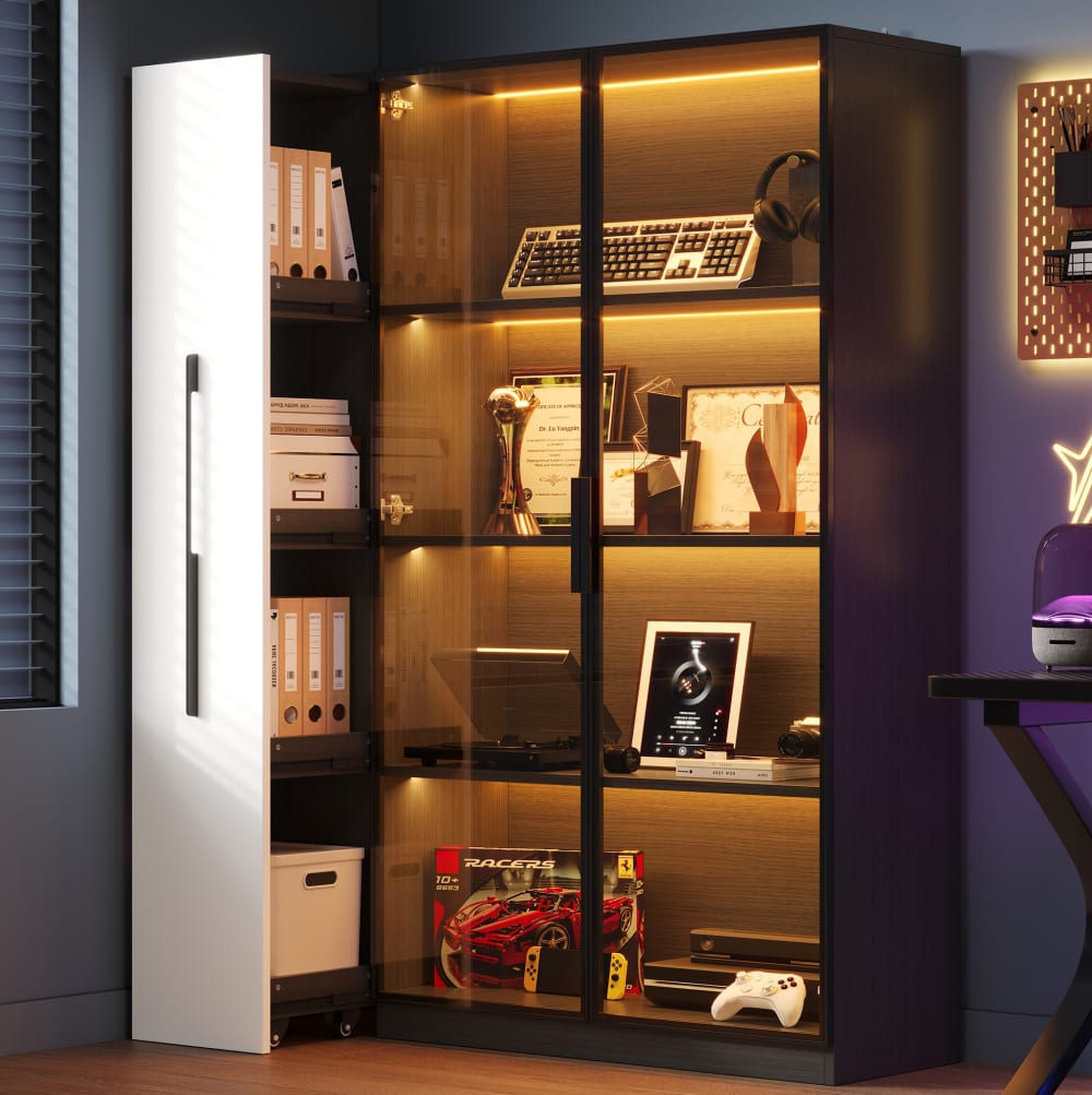 LED-Glasvitrine mit Seitenauszug, 110,5x35x160 cm, Schwarz -