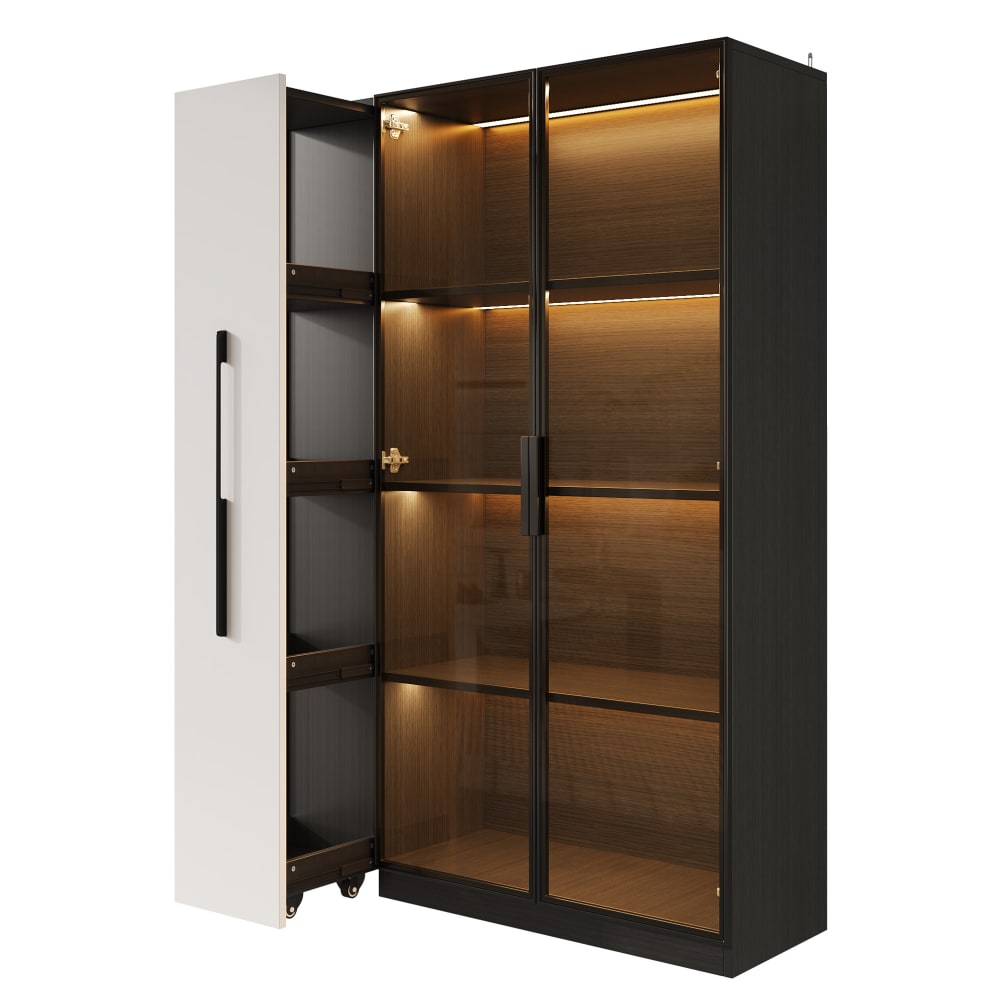 Vitrine 110,5x35x160 cm, porte en verre et rangement latéral, noir