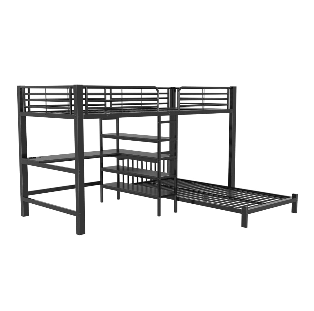 Lit superposé 90x200 cm avec bureau intégré et rangements, métal noir