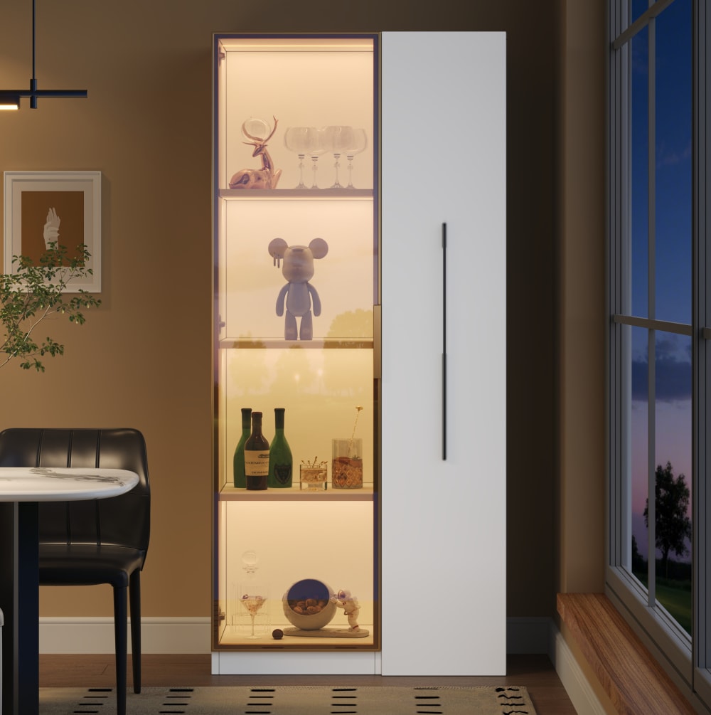 Vitrine avec led et rangement latéral, 70x40x160 cm, blanche