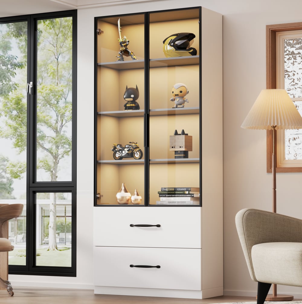 Vitrine led avec 2 tiroirs, 60 x 40 x 160 cm, blanche