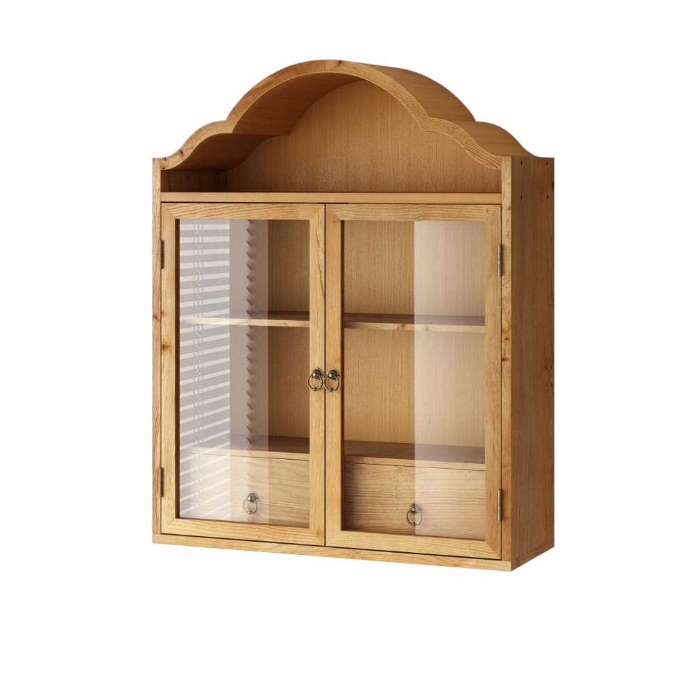 Armoire murale en bois naturel avec tiroirs et vitrine, 60x22x76.5 cm