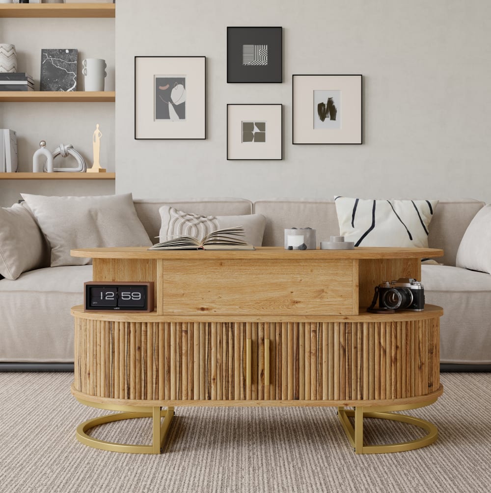 Ovaler Couchtisch höhenverstellbar mit Stauraum, 100x50x64 cm,