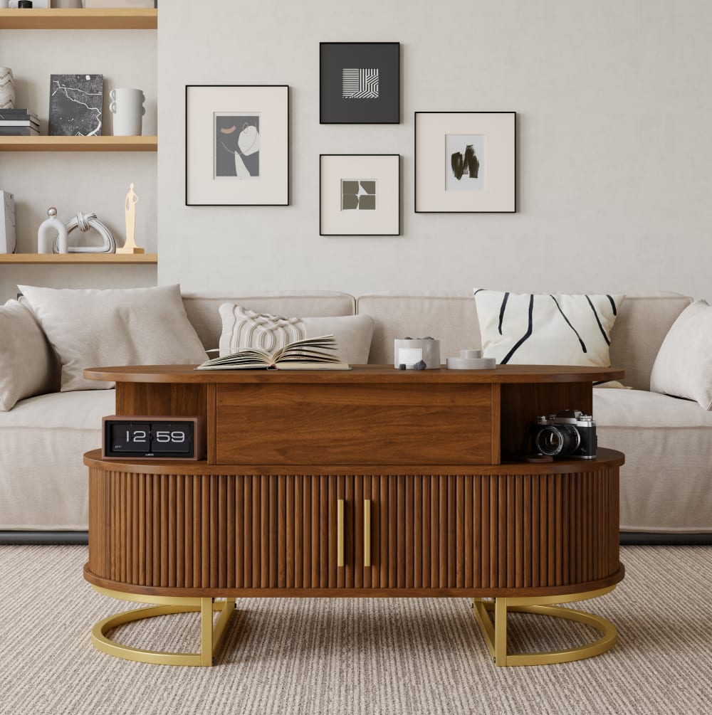 Ovaler Couchtisch höhenverstellbar mit Stauraum, 100x50x64 cm,