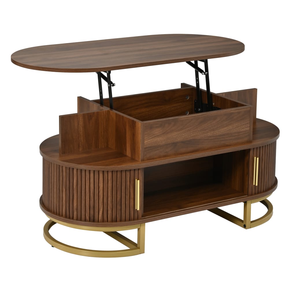 Table basse ovale relevable avec rangement, 100x50x64 cm, noyer