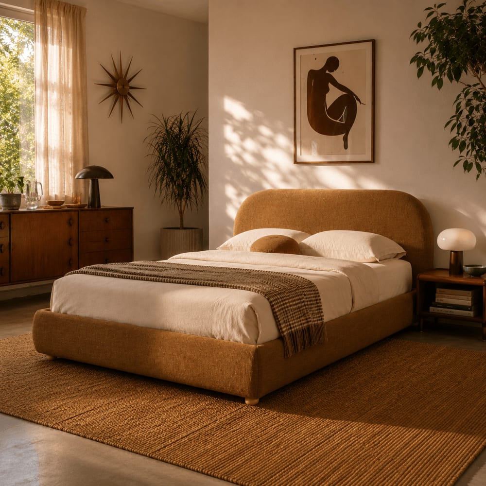 Lit coffre 160x200 tissu bouclette ocre sommier inclus Lit coffre 160x200 tissu bouclette ocre sommier inclus